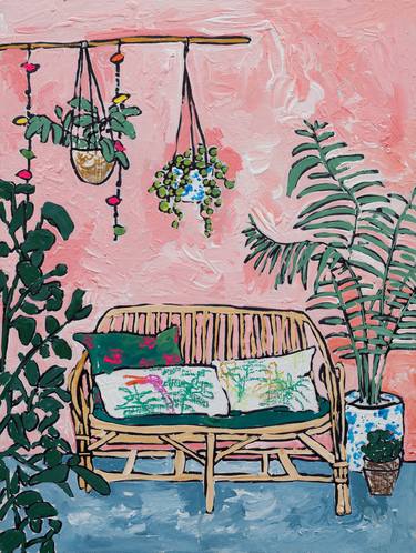 Tropical Room - Rattan Bench in Pink, Plant Filled Interior after Matisse thumb