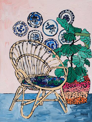 Circles: Round Rattan Chair and Delft Plates in Tropical Pink Interior thumb