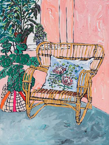 Rattan Chair and Protea Cushion in Coral Pink Interior thumb