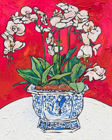 Orchid In Blue And White Bird Pot On Red After Matisse Painting By Lara Meintjes Saatchi Art