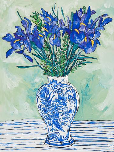 Iris Bouquet in Chinoiserie Blue and White Vase Still Life Painting thumb