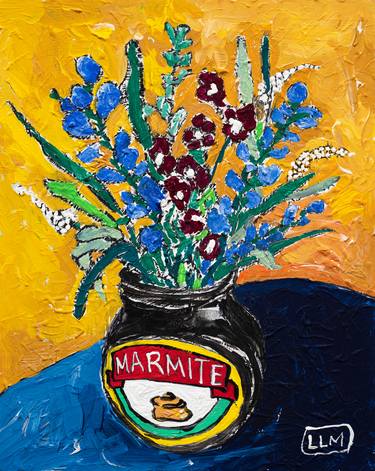 Wildflower Bouquet in a Marmite Jar on Mustard Yellow with Navy Blue Still Life thumb