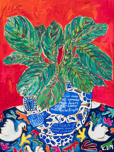 Green and Pink Prayer Plant on Red and Orange in Blue and White Lions, Tigers and Bears Pot on Swan Floral Cloth Painting thumb