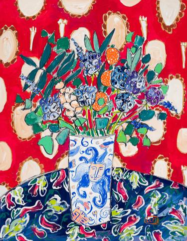 Wildflowers in a Lion Vase on Red Floral Still Life Painting After Matisse thumb