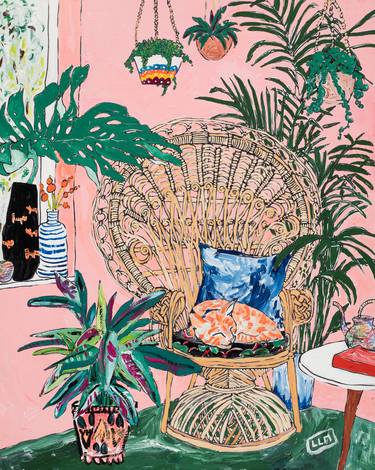 Ginger Cat in Peacock Chair with Indoor Jungle of House Plants Interior Painting thumb