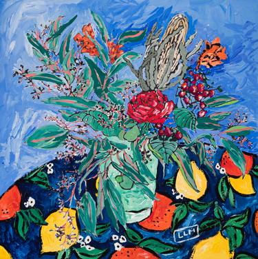 SALE! Banksia and Eucalyptus Bouquet on Blue With Citrus Detail Square Still Life Painting thumb
