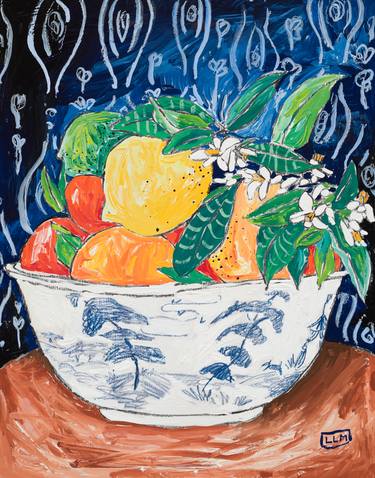 Citrus in Chinoiserie Bowl on Navy Still Life Painting thumb