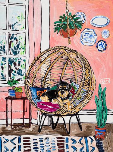 Dog in Rattan Nest Chair Pink Interior Painting with House Plants thumb