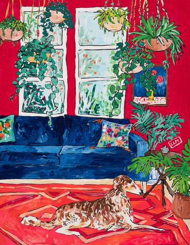 Red Interior with House Plants and Borzoi Dog After Matisse thumb