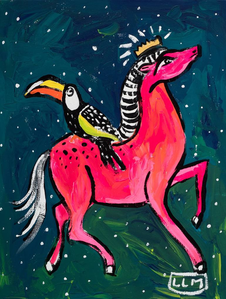 Pink Horse and Toucan in the Night Sky Composition in Pink and Green - Print
