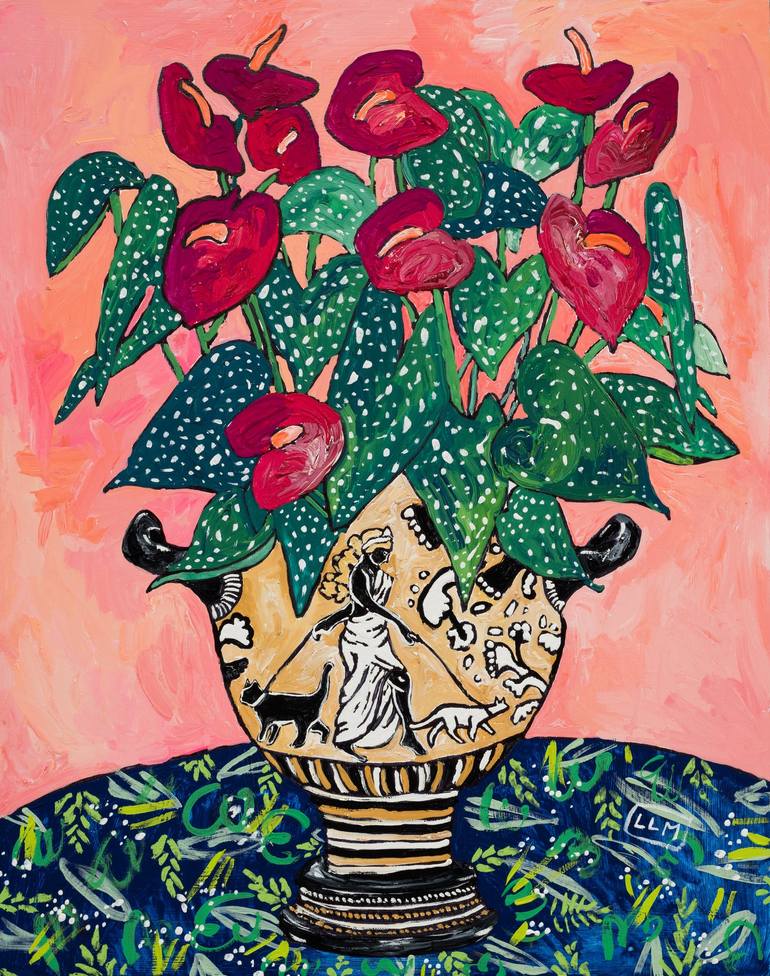 Laceleaf Anthurium in Greek Urn with Cat Design Painting by Lara ...