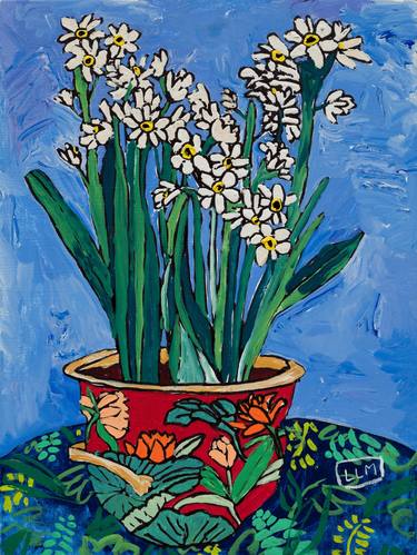 Blooming Narcissus: Abundant White Daffodils Growing from Red Floral Pot on Blue Spring Floral Still Life thumb
