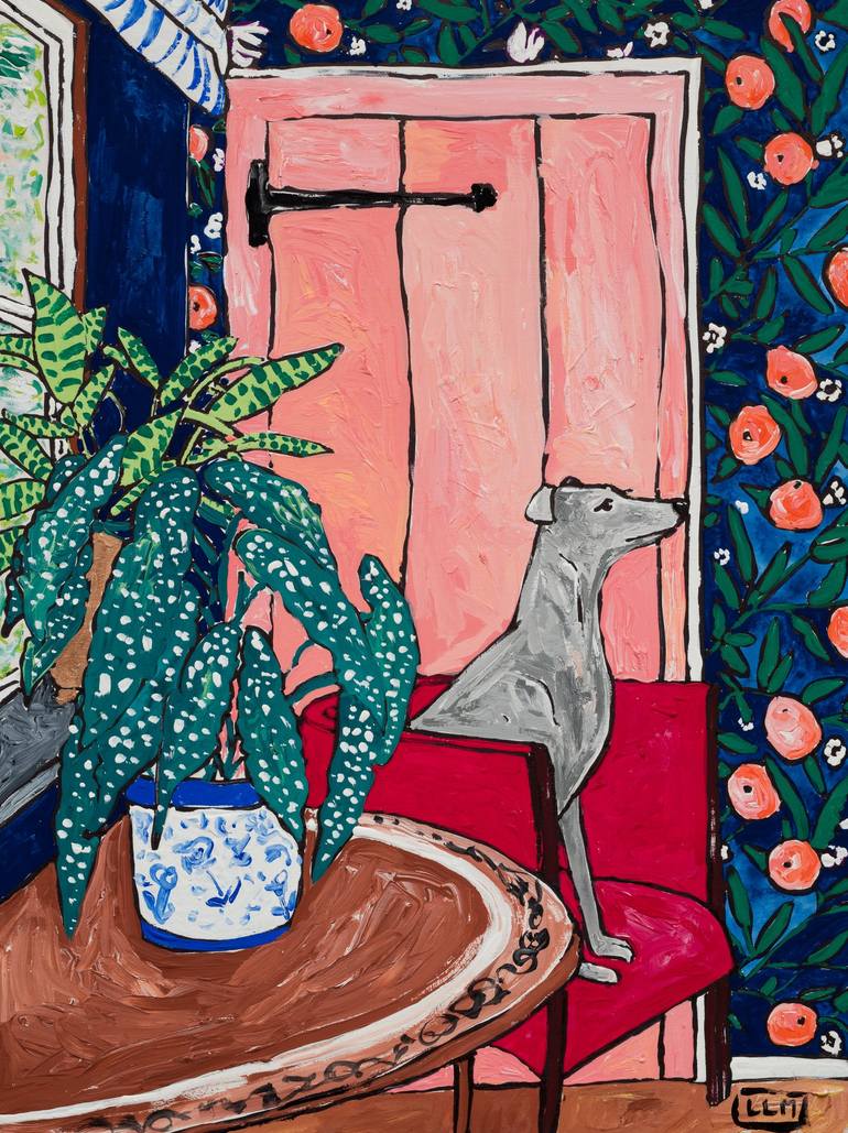 Greyhound In Farmhouse Interior With Citrus Pattern Wallpaper Modernist Painting After Matisse Painting By Lara Meintjes Saatchi Art