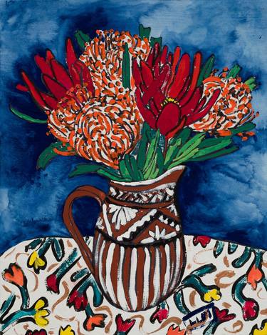 Terracotta Pitcher with Protea Bouquet on Blue Maximalist Floral thumb