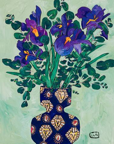 Spring Iris Bouquet in Lion Vase on Pale Pistachio Green After Van Gogh Floral Still Life thumb