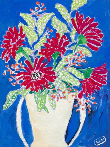 Red Gerbera Daisy Bouquet on Vibrant Blue Background thumb