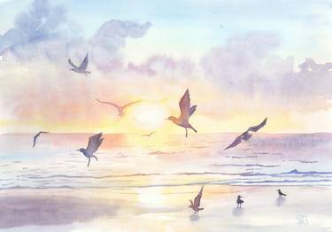 Sea Sunset Watercolor Painting thumb