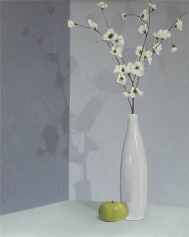 White vase, flowers and green apple thumb