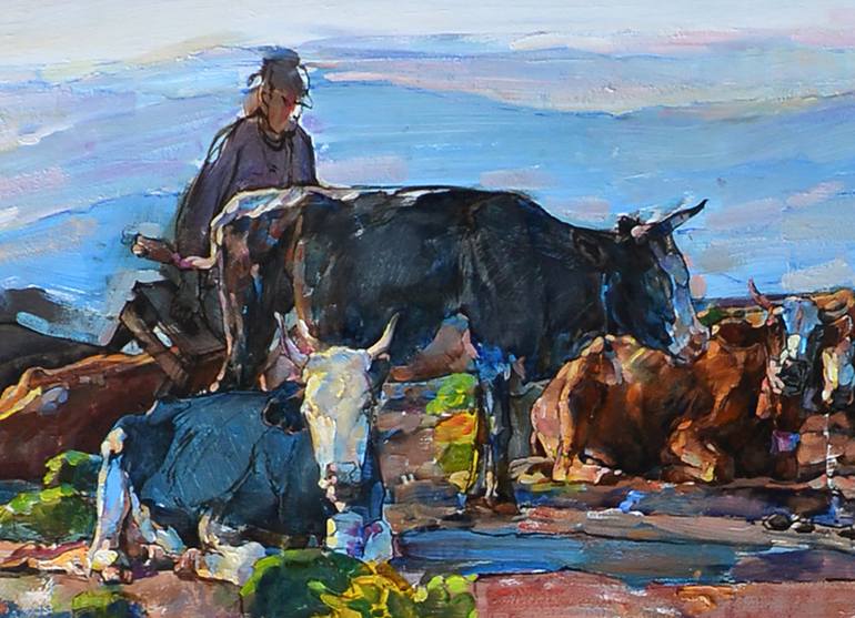Original Impressionism Cows Painting by Andrii Kutsachenko
