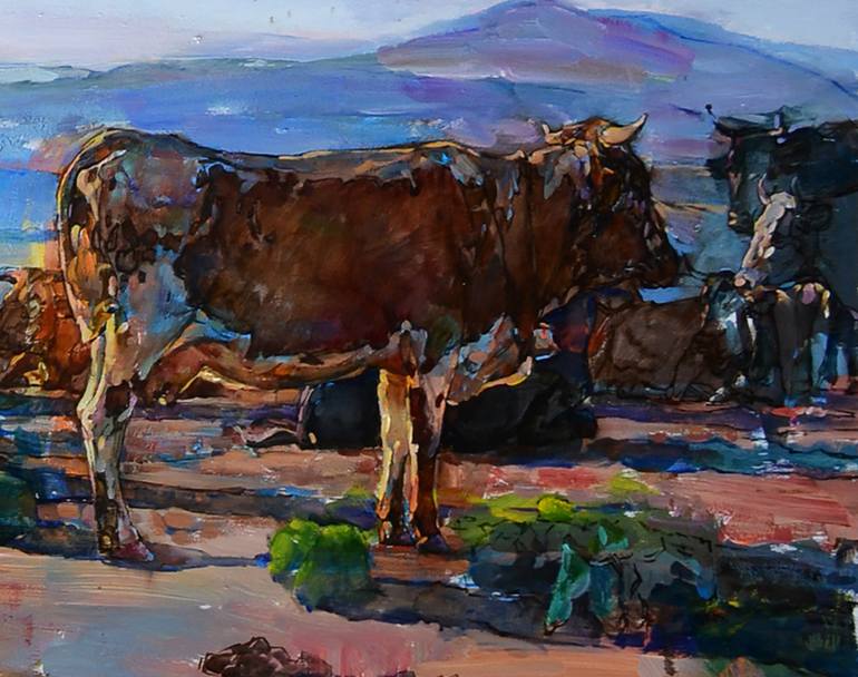 Original Impressionism Cows Painting by Andrii Kutsachenko