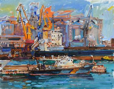 Modern landscape with ships. thumb