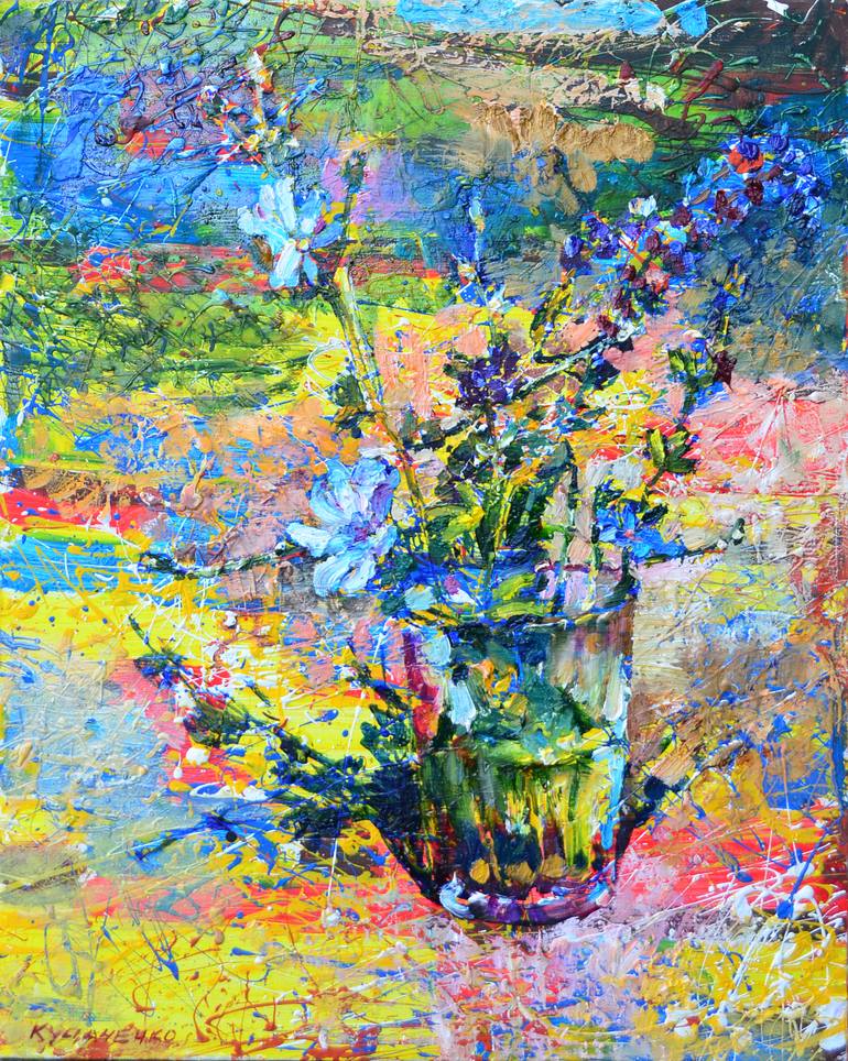 Multi-colored still life with blue wildflowers. Painting by Andrii ...