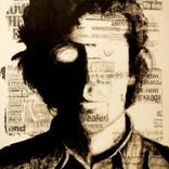 Self portrait over news print background #1 by Dom Morrison