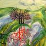 I took the paint and according to my feelings and inspiration created the colors. I threw the thinned paint on the canvas in different directions. The paint went to different sides and thus created an abstract image. In this bubble I saw the field and the flowers and started my fantasy about bringing it to the canvas in details