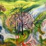 I took the paint and according to my feelings and inspiration created the colors. I threw the thinned paint on the canvas in different directions. The paint went to different sides and thus created an abstract image. In this bubble I saw the field and the flowers and started my fantasy about bringing it to the canvas in details