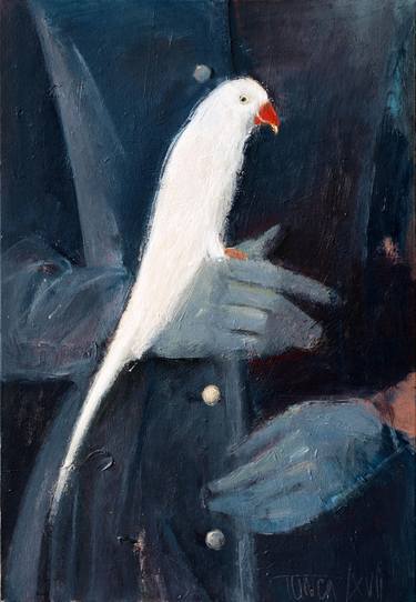 woman in black holding a white parrot (2) thumb