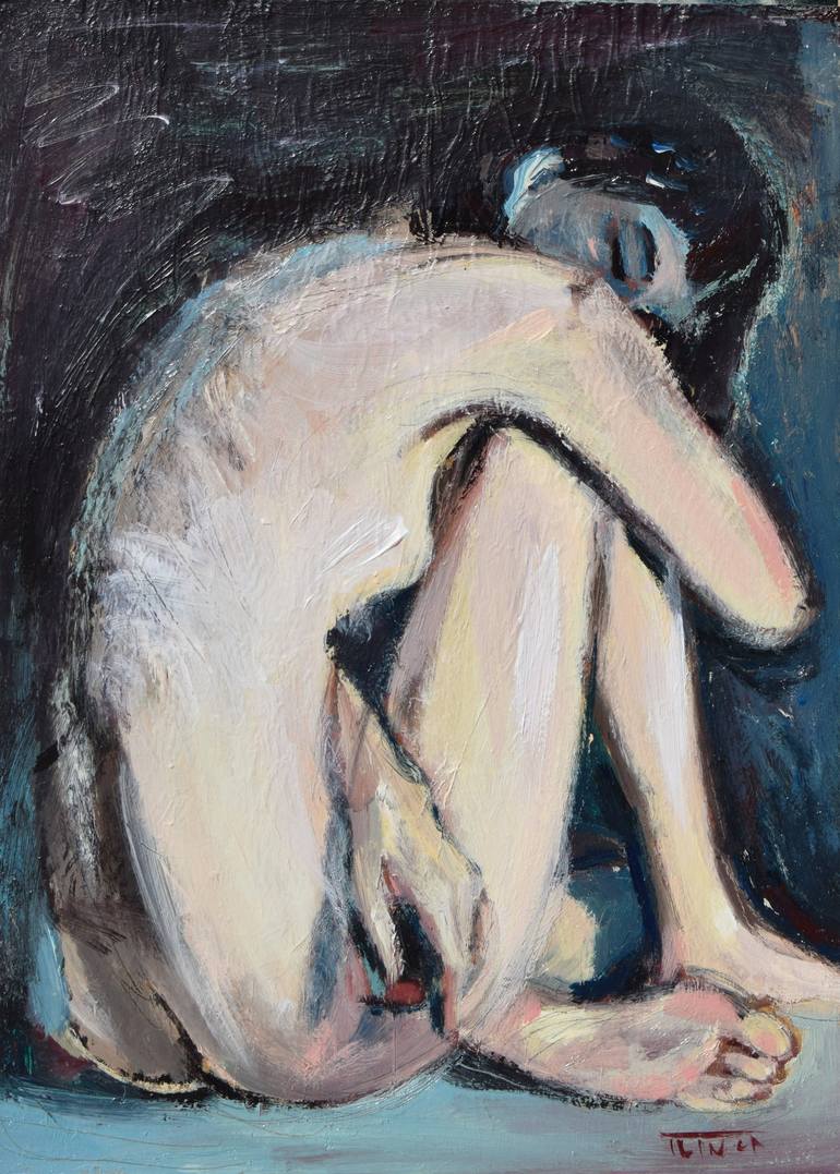 nude woman sitting on the floor (3-2017), study Painting by Catalin Ilinca  | Saatchi Art