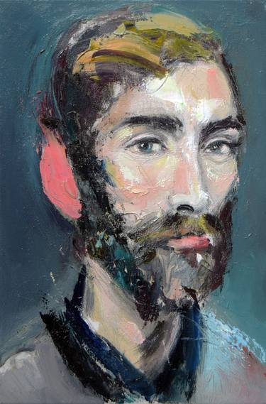 Portrait of a bearded man with a burning ear thumb