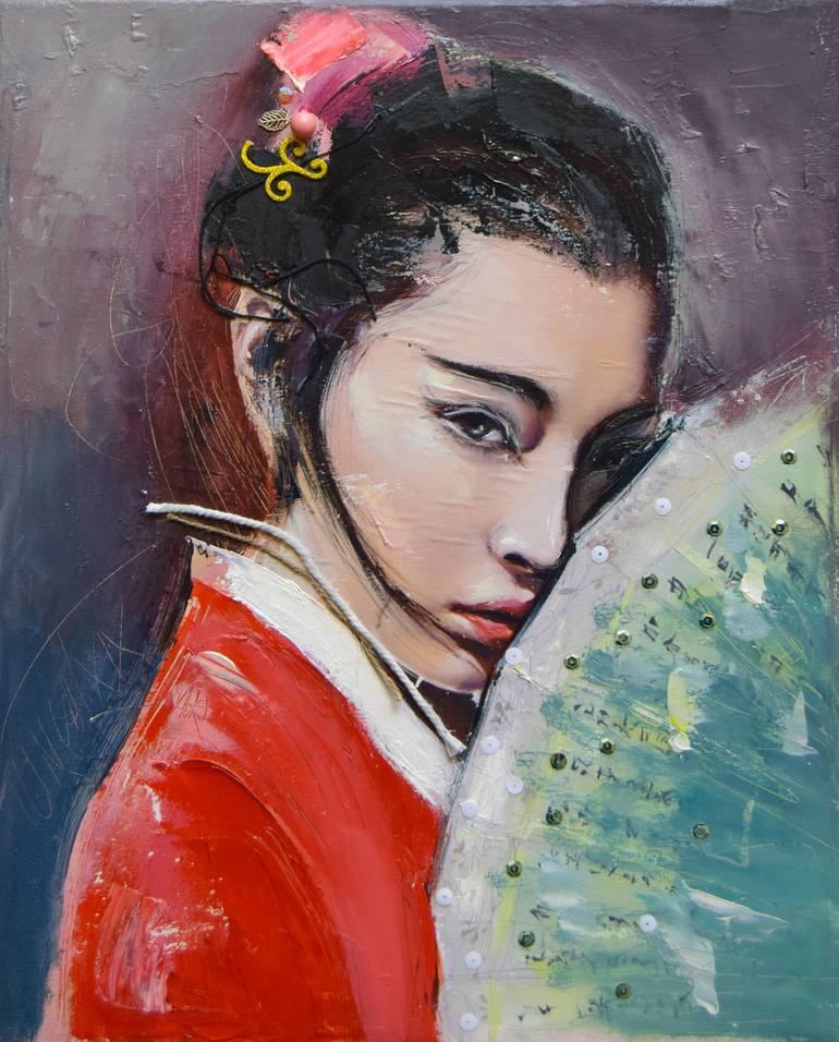 OFFER! Geisha with fan (L'une 77) Painting by Catalin Ilinca | Saatchi Art