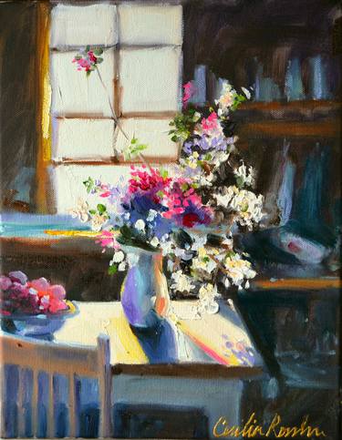 LILACS AND CHERRIES Ready to Hang Canvas top Print | Flower and Fruit Still Life by Cecilia Rosslee | Best selling Art