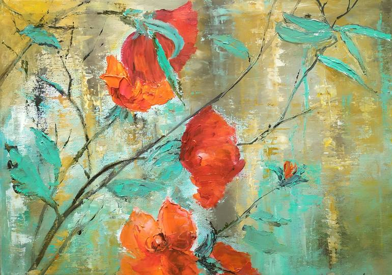 Original Floral Painting by Maria Karalyos | Contemporary Art on Canvas | Summer and red roses