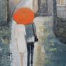 Oil on canvas representing two people on a rainy autumn day