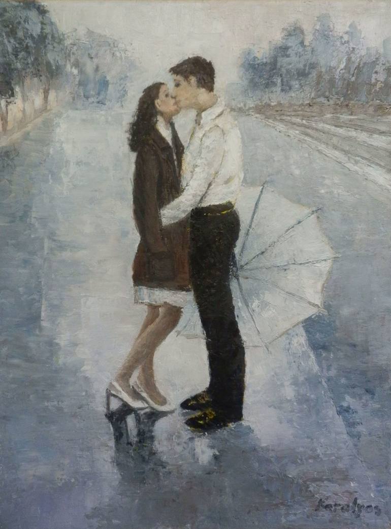 Kiss under the rain Painting by Maria Karalyos | Saatchi Art