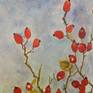 Watercolor on paper representing a rose bush full of red fruits.
