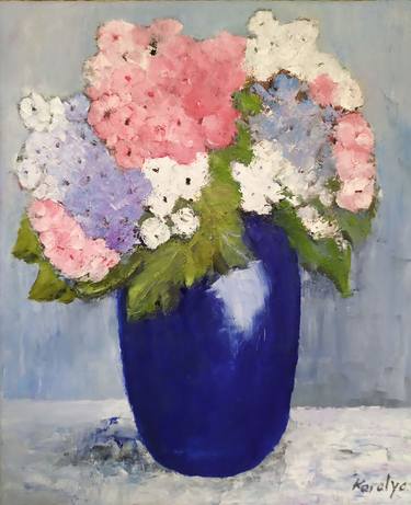 Blue vase with hydrangea flowers thumb