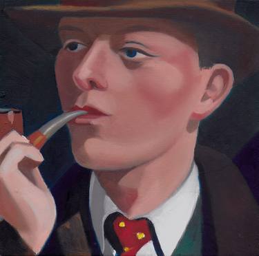 Young man smoking a pipe wearing a trilby hat. thumb