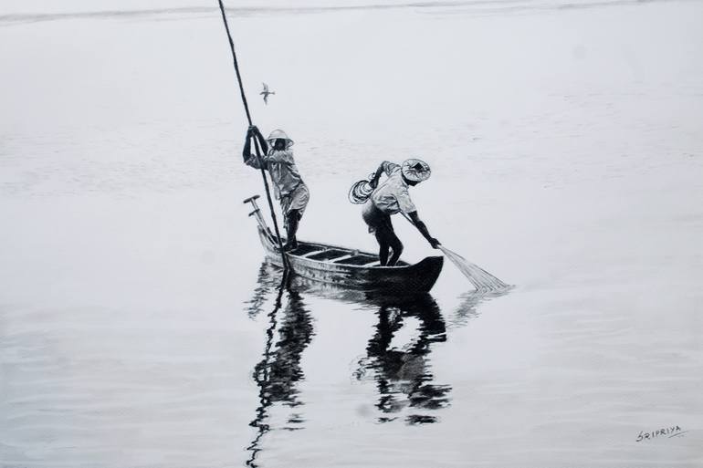 Two men in a boat Drawing by Sripriya Mozumdar | Saatchi Art