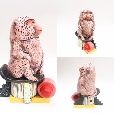 Baboon in blush with memphis design plinth thumb