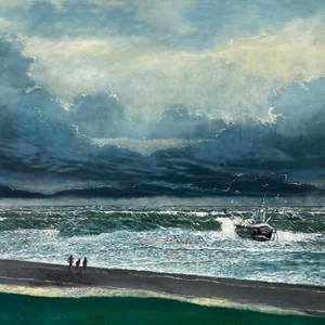 Stranded fishing vessel by the embankment