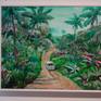 This painting is part of the 'To the Sea' series. This time a road, a van, and a little sight of the destination you can see through the vegetation in pastel mintgreen and magenta colours. Adventure is the main theme in this work.