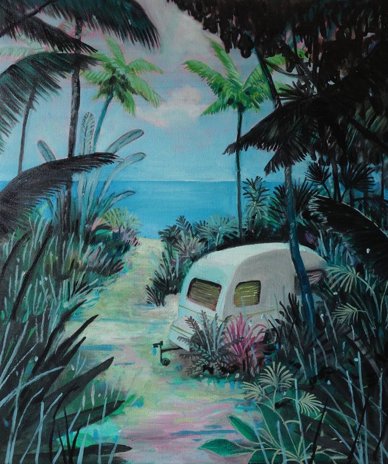 Tent and car, on the road Painting by Peter de Boer