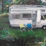 This painting is about escapism. Especially in these days with the world in trouble, sometimes you would like to have a campervan and drive away from your urban surroundings to find a peaceful place like this.