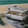 This painting is about escapism. Especially in these days with the world in trouble, sometimes you would like to have a campervan and drive away from your urban surroundings to find a peaceful place like this.