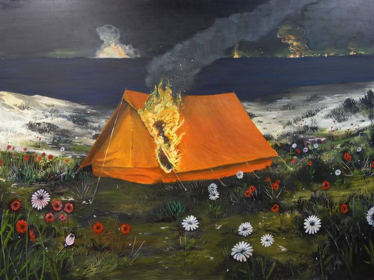 Our tent is on fire Painting by Peter de Boer