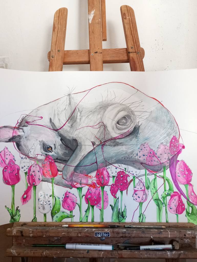 Original Surrealism Dogs Mixed Media by Olga Gál