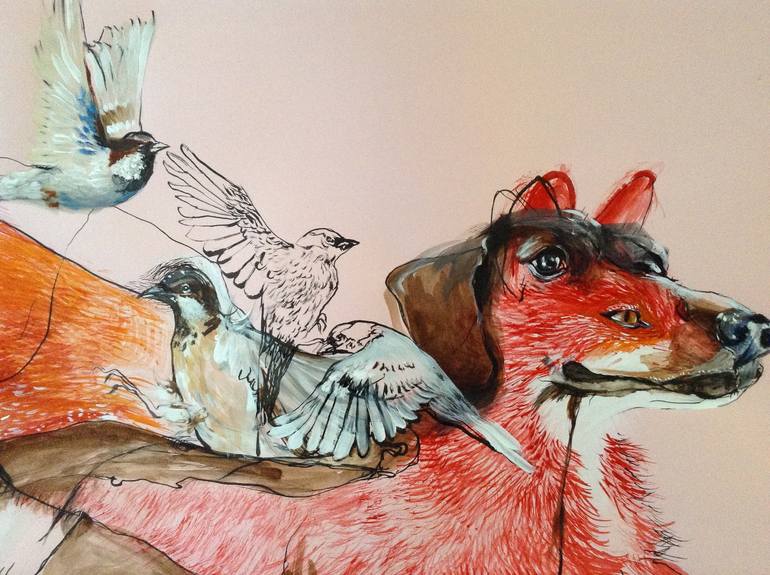 Original Surrealism Dogs Drawing by Olga Gál